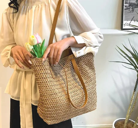 Summer Beach Large Capacity Tote Bag Women Shoulder Bag Handmade Woven Bag Top-Handle Bags Raffia Boho Woven Women Bag