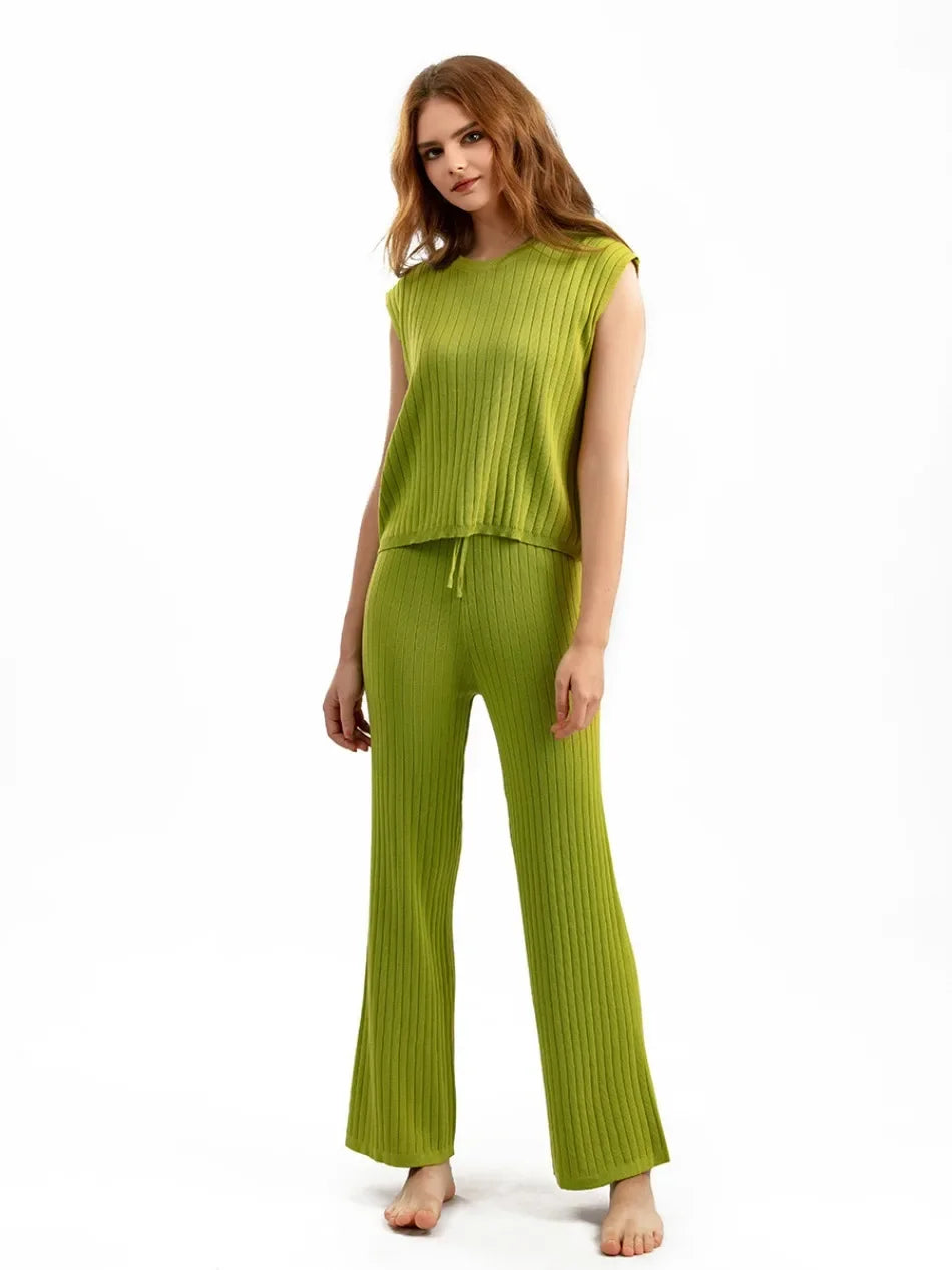 Elegant 2-Piece Sets for Women, Casual Knitting, Sleeveless, O Neck Tops, Loose Lace Up, Wide Leg Pant Set, Summer Fashion, New