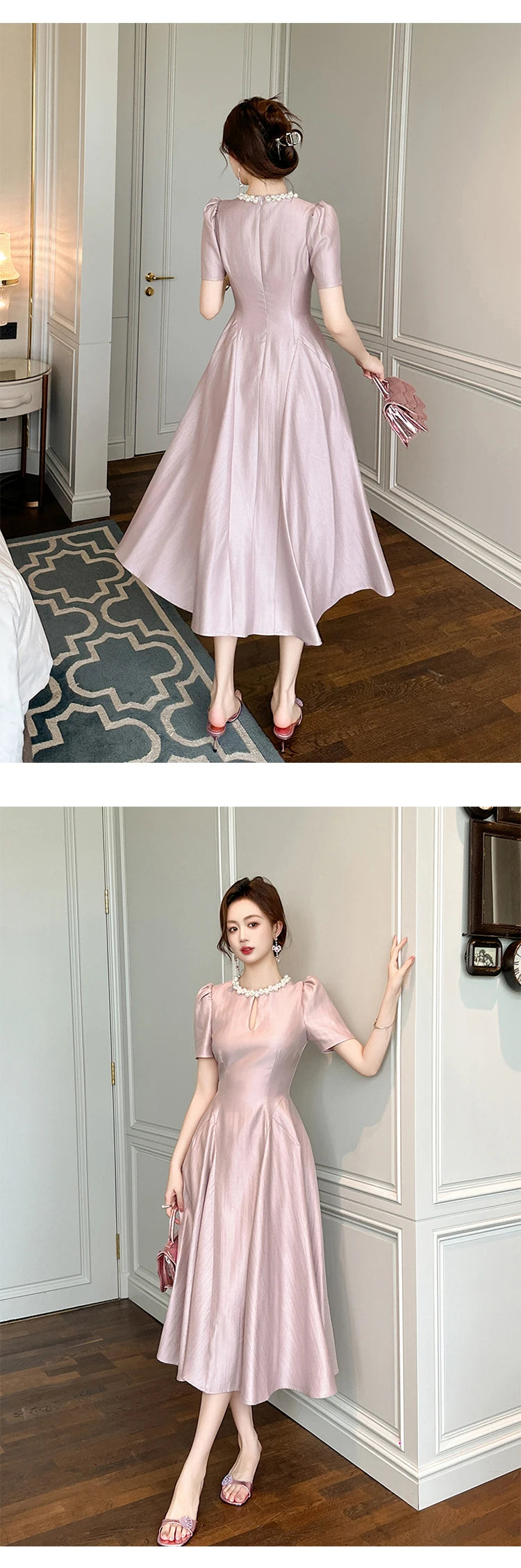 Elegant Host Evening Dress Women's French Vintage Sweet Pearl Hollow Folds Swing A-LINE Long Robe Party Catwalk Prom Vestidos