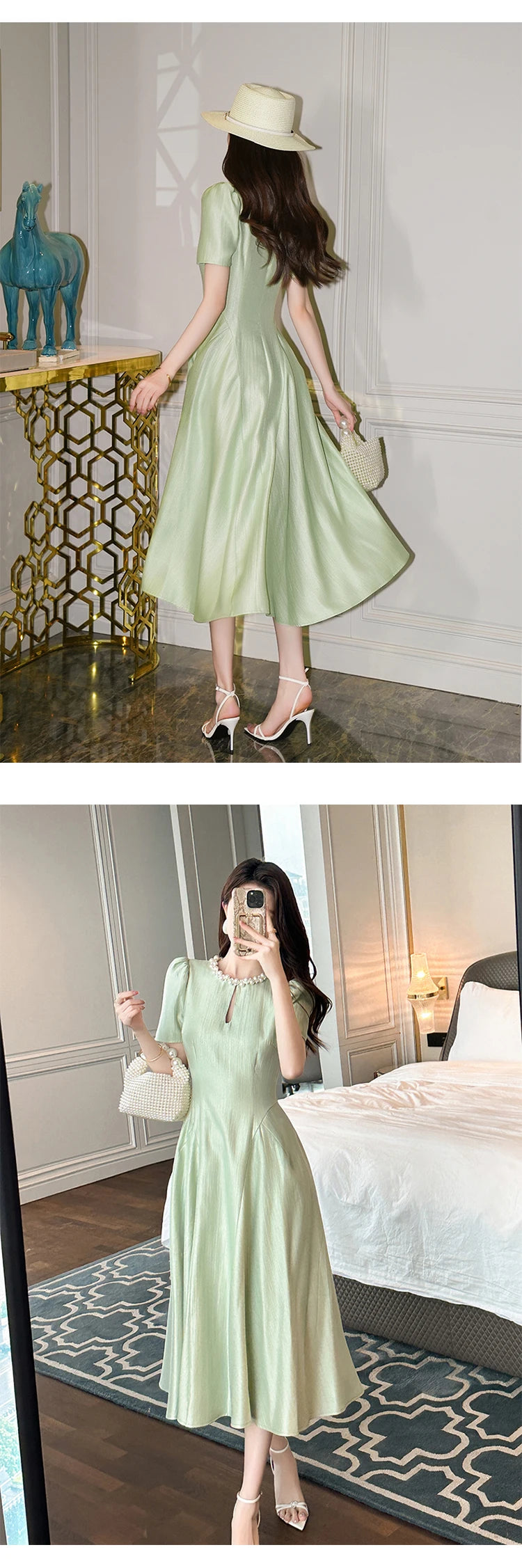 Elegant Host Evening Dress Women's French Vintage Sweet Pearl Hollow Folds Swing A-LINE Long Robe Party Catwalk Prom Vestidos