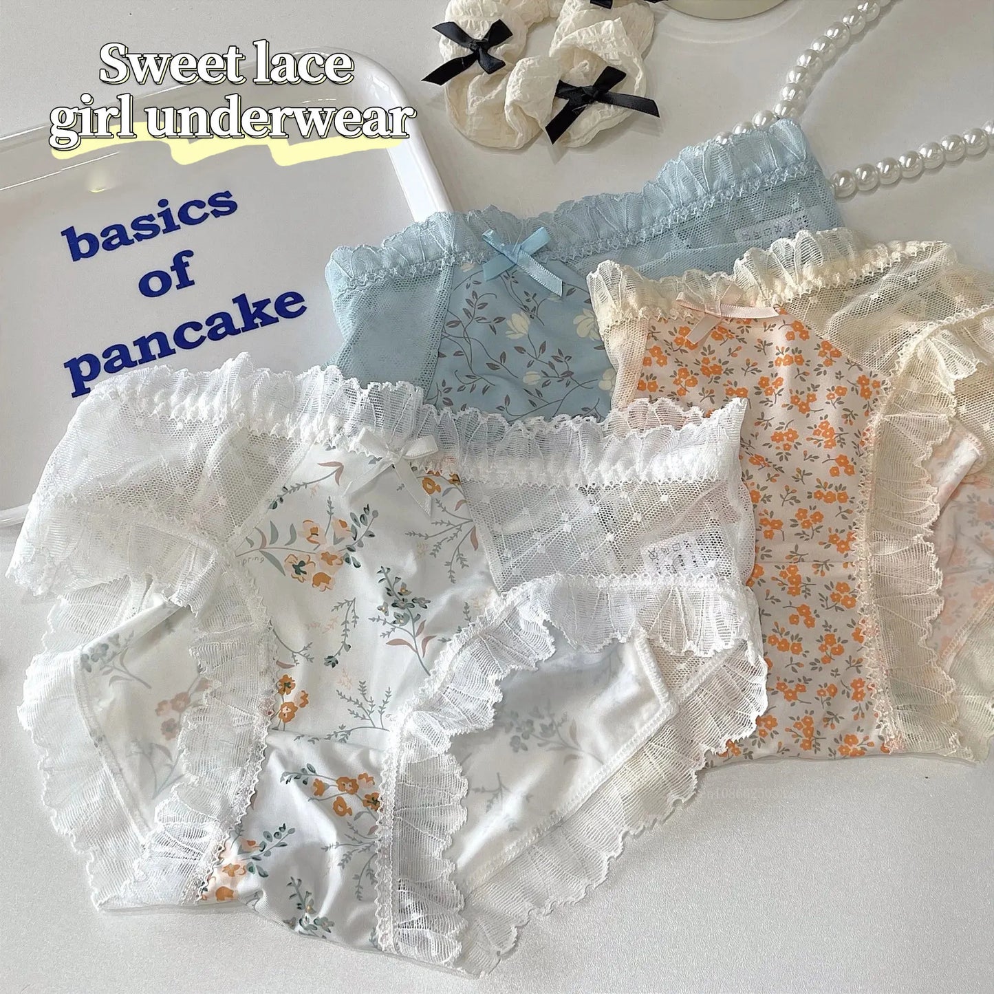 Floral Lace Women's Panties Middle Waist Plus Size Fashion Ice Silk Briefs Quick-drying Cotton Crotch Underpants Female Lingerie