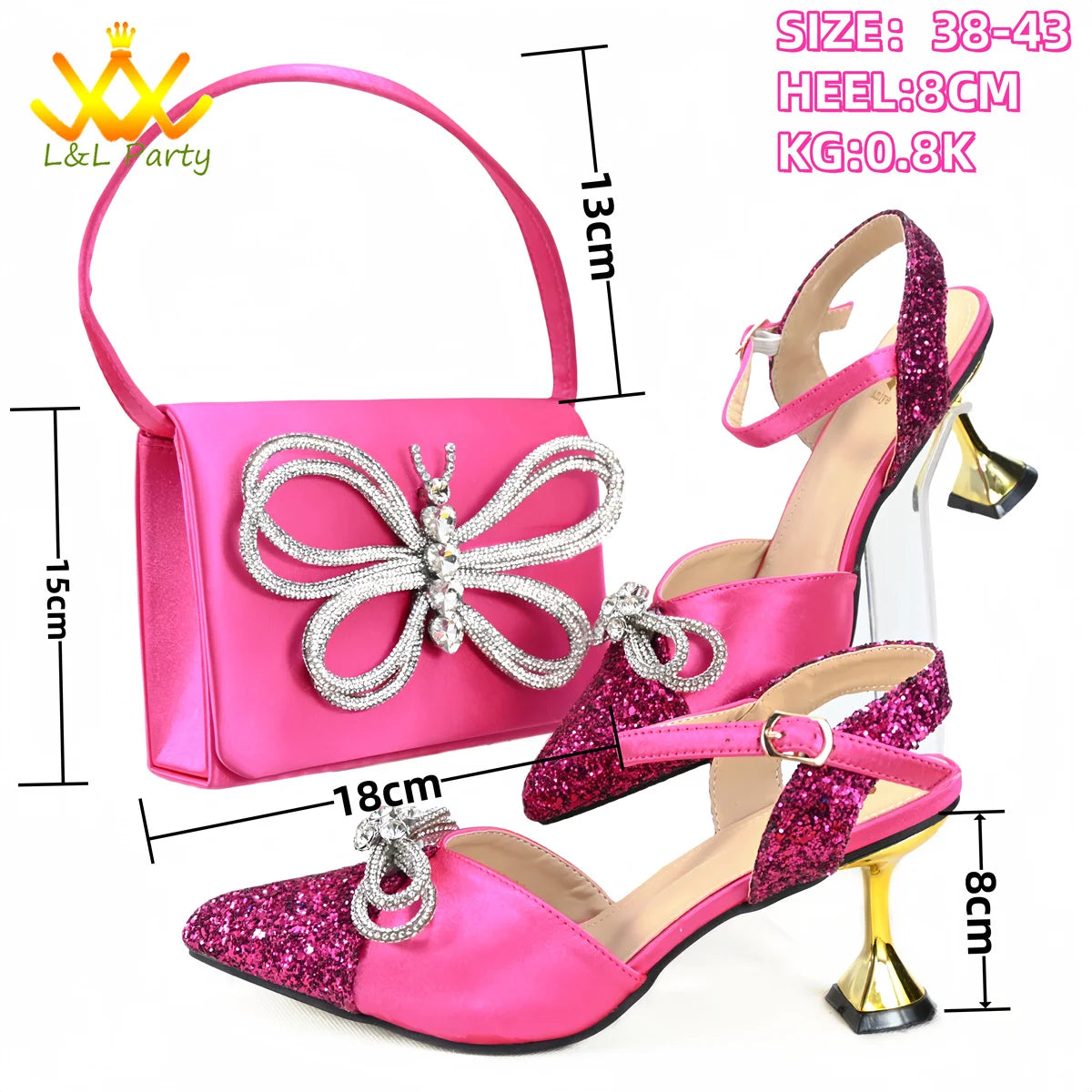 Elegant New Design 2024 Winter Design Italian Women Shoes and Bag Set in Fuchsia Color High Quality Pointed Toe For Party