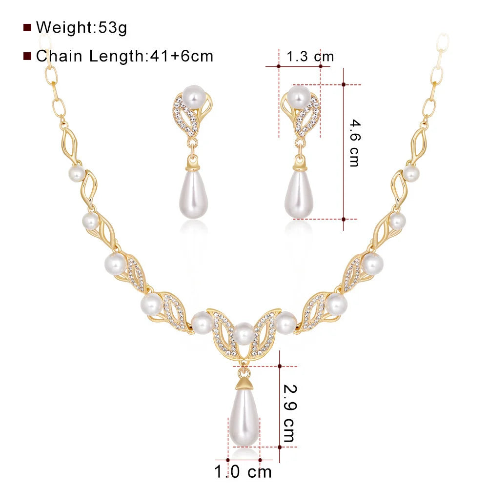 Elegant Women Jewelry Necklace Earring Set Leaf-Shaped Long Teardrop Pearl Crystal Pendant Wedding Party Jewelry Accessories