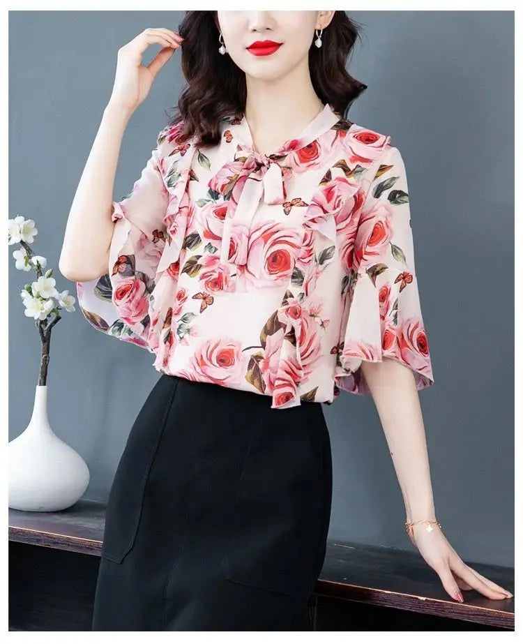 Elegant Fashion Floral Printed Bow Drawstring Chiffon Shirt Summer 2023 V-Neck Three Quarter Sleeve Slim Blouse Women's Clothing