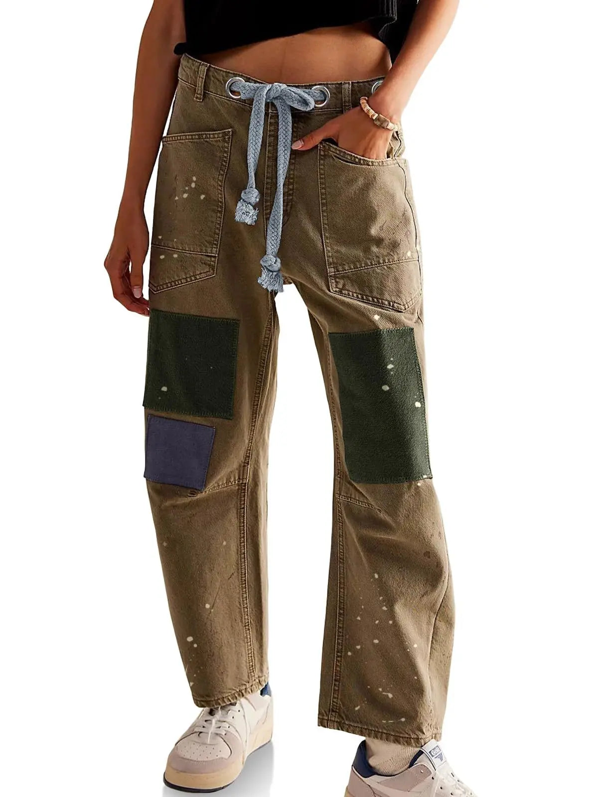Jeans Women Denim Pants Straight Trousers Drawstring Long Pant Casual Loose Y2k Streetwear Button Pocket Splice Mom Jeans 2025
