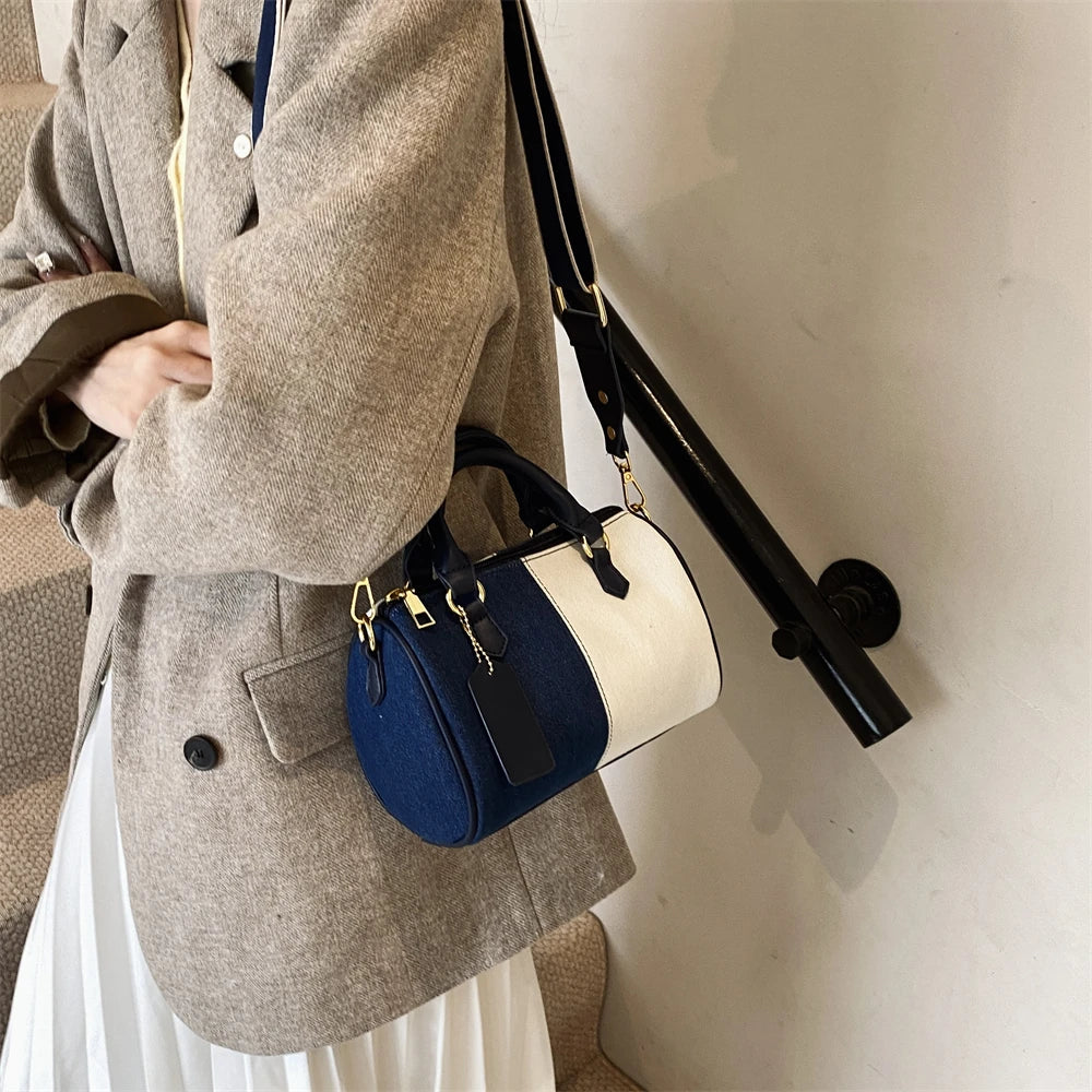 Patchwork Colorblock Mini Handbags For Women Denim Shoulder Cross Body Bags Casual Street Small Boston Bag 2024 Designer Purses