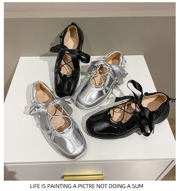 Ballet Flat Sneakers Women's Thick Bottom Bowknot Hollow Out Shoes Fashion Designer Mary Jane Ballet Comfort Shoes Female