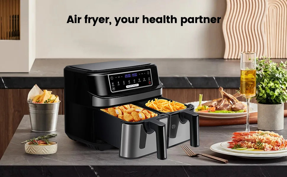 XXL Heißluftfritteuse 2025 - Doppelkammer 9L HOOFCOKEAR - 2x4.5L Schubladen LED-Touch 8-Programme Ölfrei