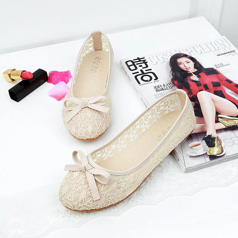 Damen Ballerinas mit Schleife - Flache Slip-On Schuhe - Cut-Out Design Atmungsaktive Casual Flats