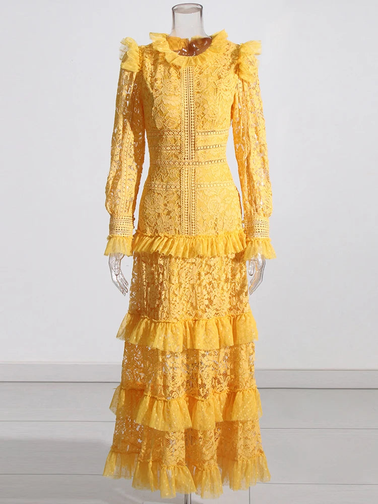 TWOTWINSTYLE Elegant Dresses For Women Stand Collar Long Sleeve High Waist Embroidery Slim Dress Female Fashion Clothing 2023