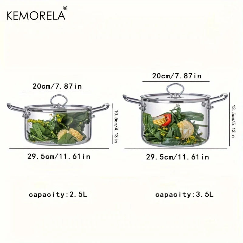 KEMORELA Borosilicate Glass Cooking Pot with Dual Handles 2.5L/3.5L Heat Resistant Simmer Pot with Lid Borosilicate Glassware