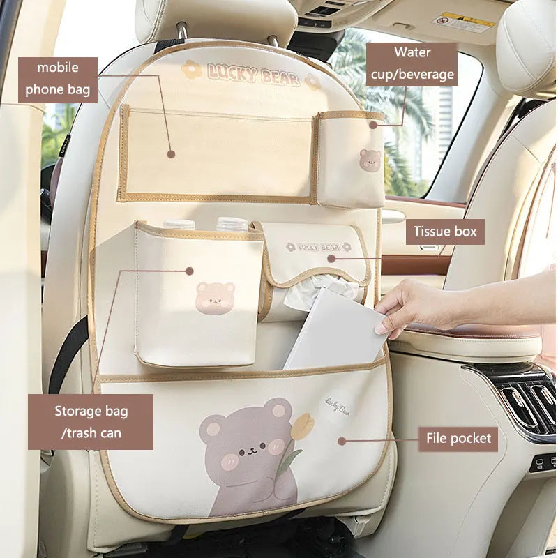 Car Seat Back Storage Bag Organizer Bear Bunny Multifunctional Car Back Seat Anti-Dirty Anti-Kick Storage Pad Car Accessories