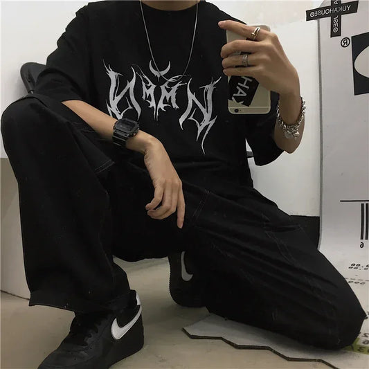 Women T Shirt Hip-Hop Loose Punk Letter Print Tops Tee Black T-shirt Female Summer T-shirt Graphic Tee Female Cute Tops Tee - Golden Bridge Store