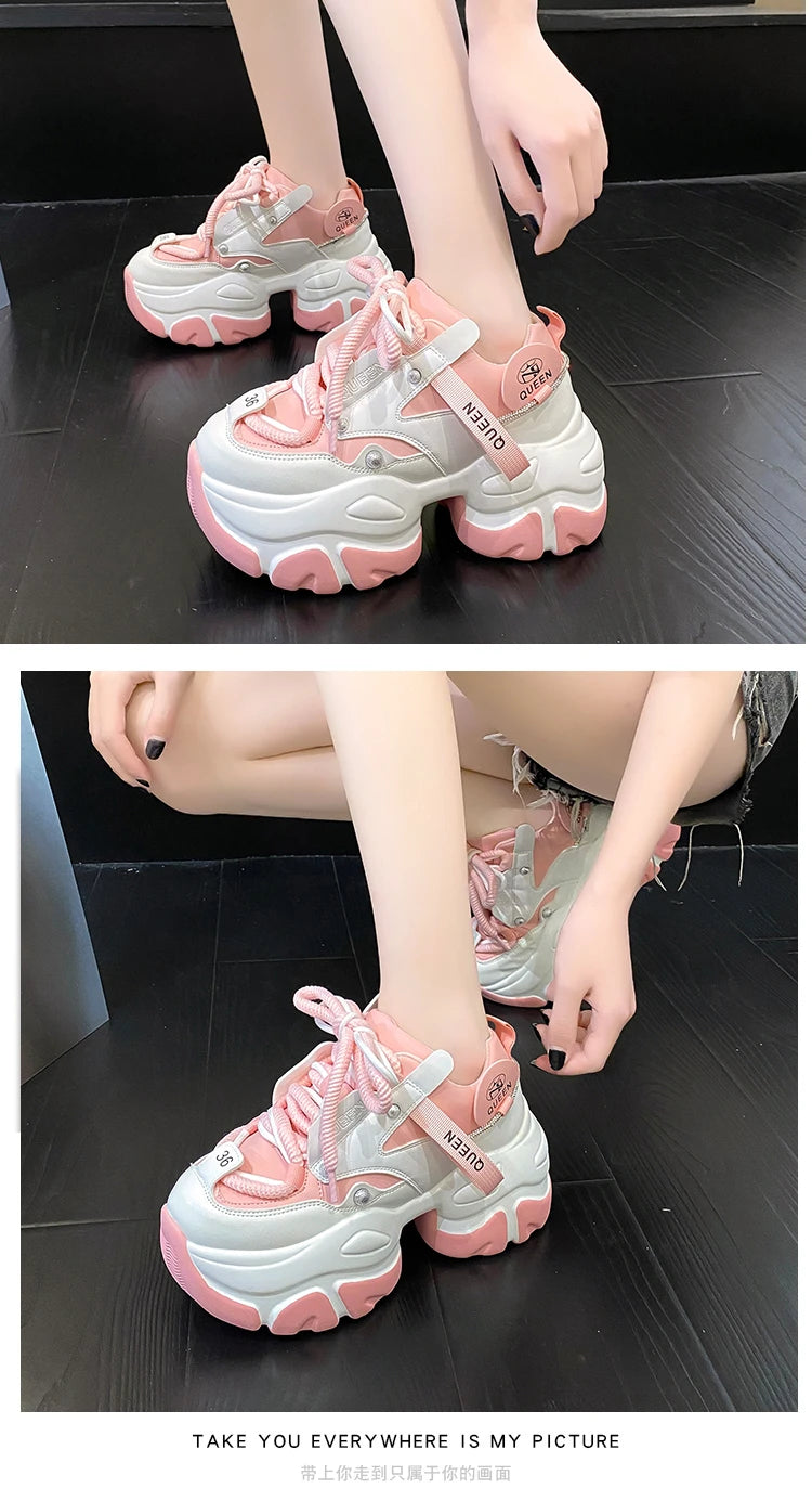 White Chunky Sneakers Women New Autumn Hidden Heel Platform Sports Dad Shoes Woman Lace Up Breathable Mesh Casual Shoes 9.5CM