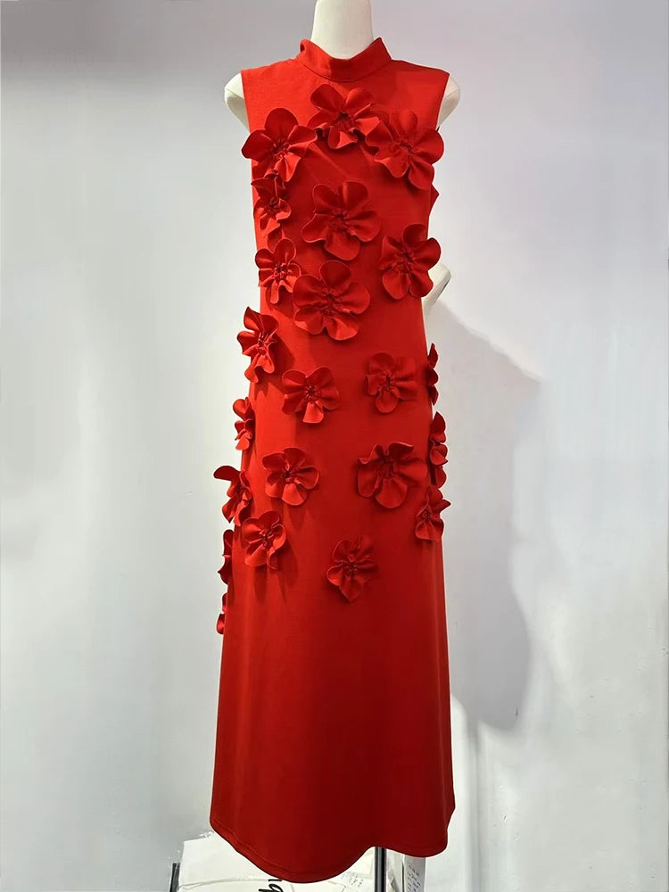 EWQ Elegant Female Evening Dress 3D Floral Design Stand Collar Sleeveless Temperament Women Slim Dresses 2025 Spring Red Robe