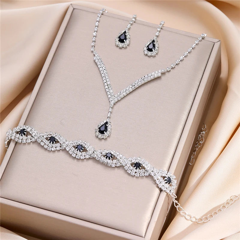 Luna Elegance Strass Brautset - 3-Teilig Schwarz Tropfen