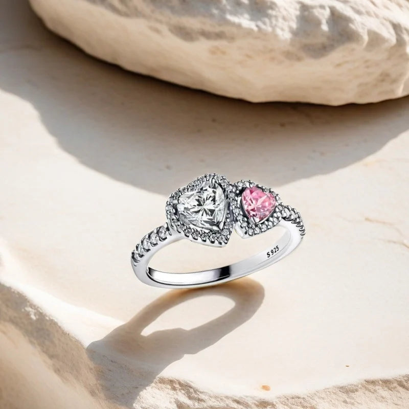 New 925 Silver Shining Red Double Love Ring Zircon Original S925 Finger wedding Ring DIY Women Fine Jewelry Gift