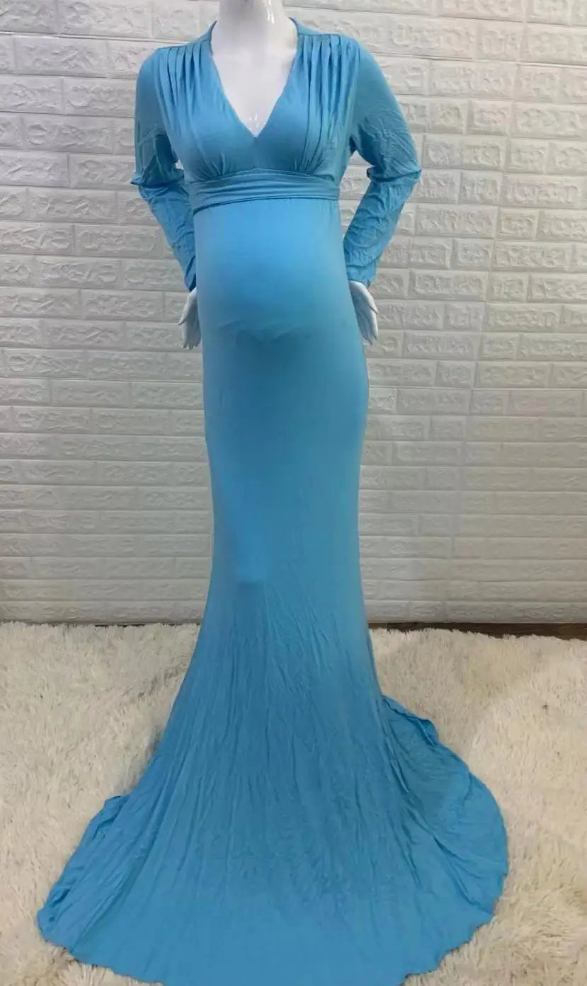 Rochie de maternitate pentru femei, primăvară-toamnă, elegantă, subțire, cu decolteu în V, mânecă lungă, tip sirenă, Maxi, pentru fotografie, ședință foto pentru bebeluși
