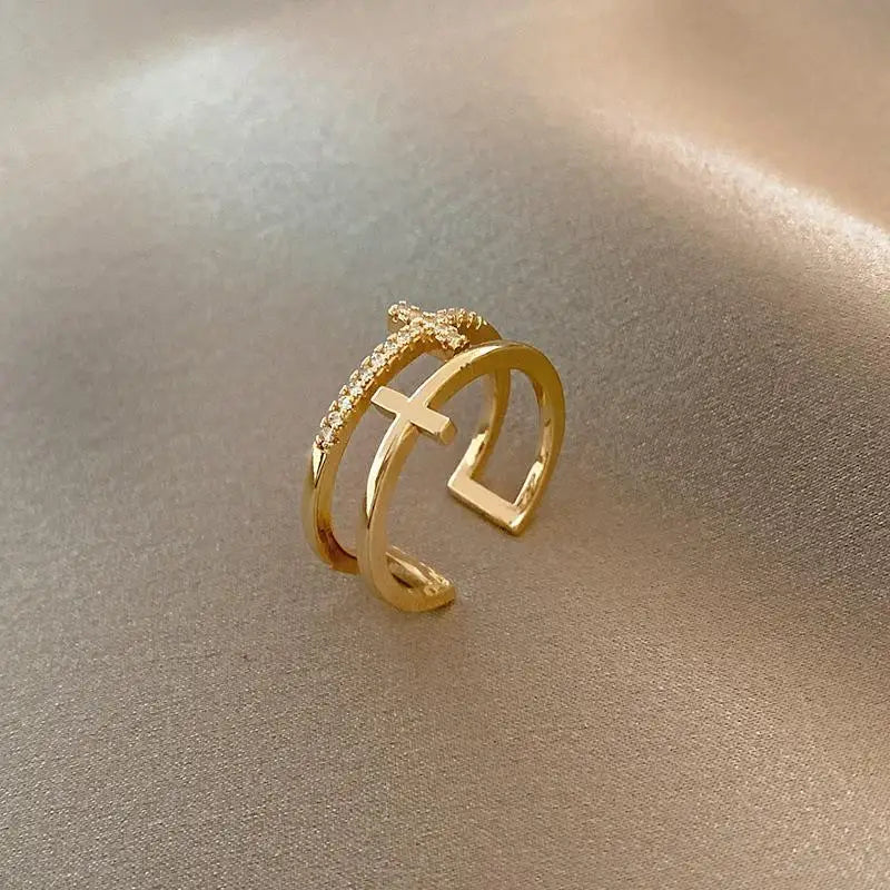 Fashion Double-Layer Cross Zircon Ring For Women Gold Silver Color Adjustable Finger Rings Bling Korean Elegant Jewelry Gift