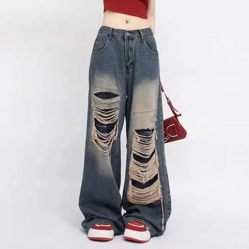 Jeans Women Hot Girls High Waist Chic Straight Trousers Simple Ripped American Street Loose Fall Fashion Leisure Newly All-match