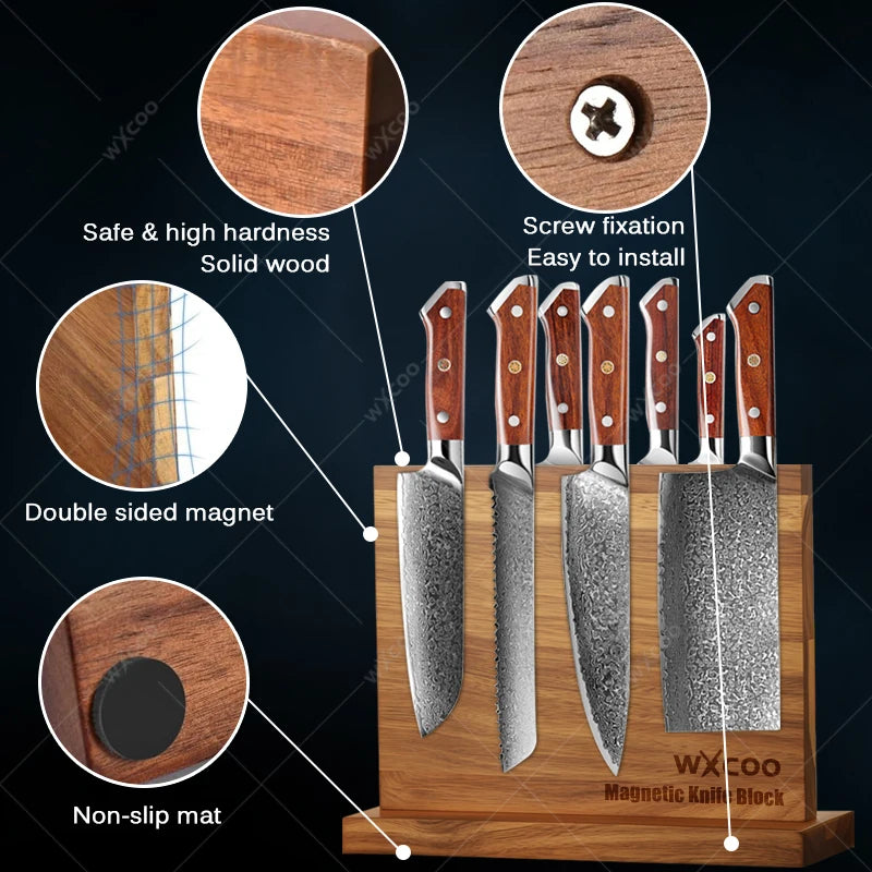 WXCOO Professional Kitchen Chef Knife Damascus Steel Laser Pattern Santoku Knife Double Side Magnetic Kitchen Knife Block