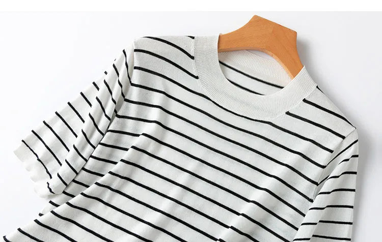 Women Knit T-Shirt 70% Mulberrry Silk 30% Cotton Round Neck Stripes Short Sleeve Sweater Pullover Top Shirt L XL XXL LY040