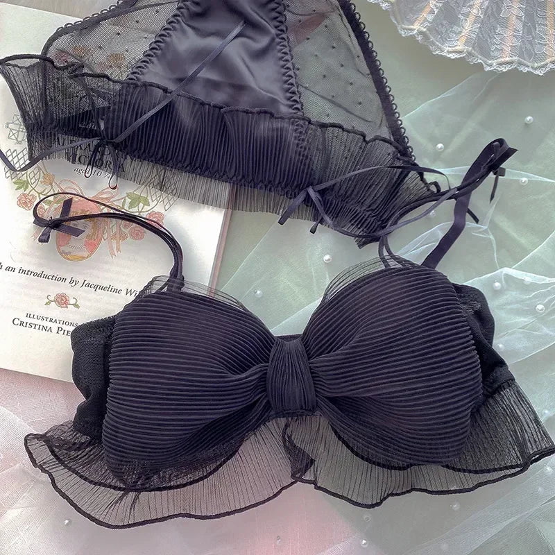 Lenjerie intimă elegantă japoneză dulce fără fir pentru fete, sutien confortabil, din dantelă și tul, bikini, push-up, sutien cu fundă