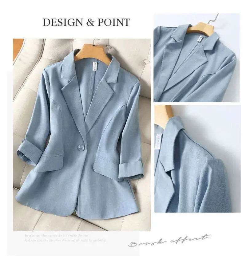 Sacou de damă albastru solid, casual, cu guler întoars, cu un singur nasture, mânecă trei sferturi, costum, blazer, jachete scurte, palton, modă 2024