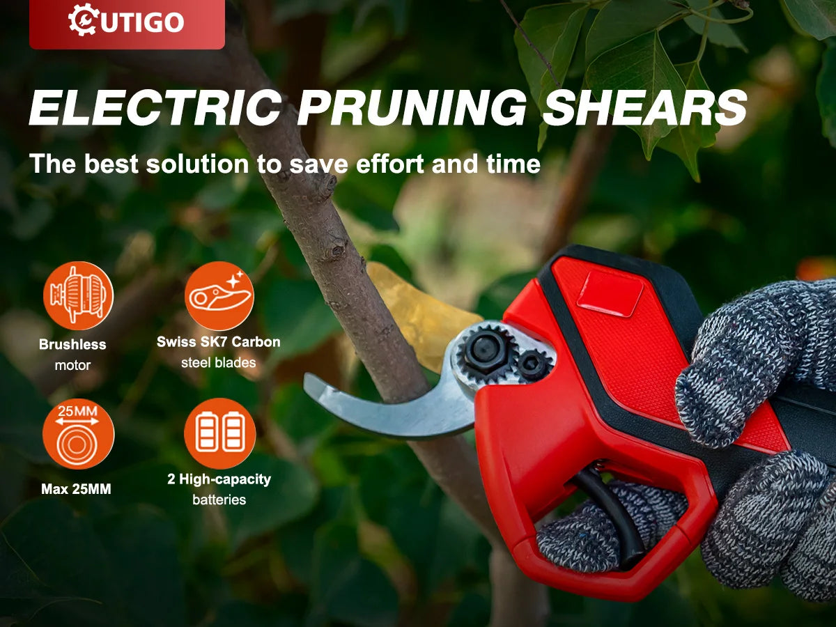 OUTIGO Kabellose Elektrische Gartenschere - 25mm 2x1500mAh mit 2x 21V Akkus für Obstbäume und Weinberge