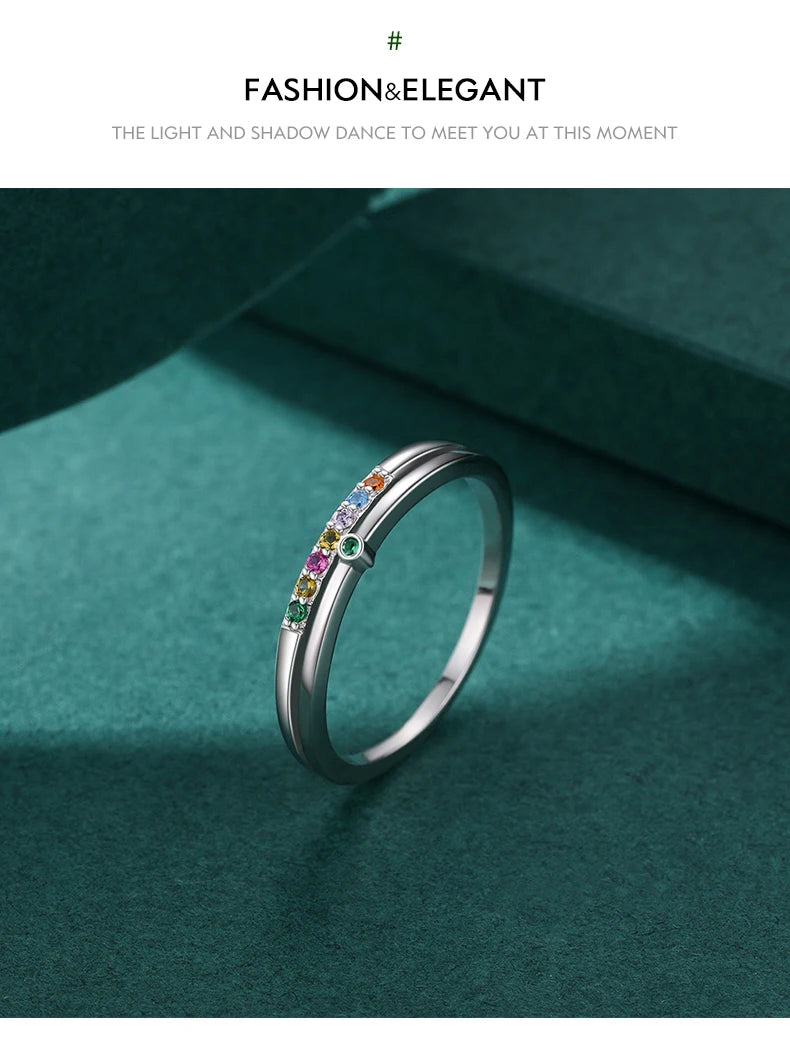 MODIAN 925 Sterling Silver Rainbow Cubic Zirconia Double Layer Ring For Women Geometric Design Ring Fashion Fine Jewelry Gifts