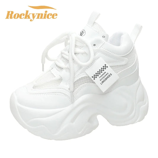 Women High Platform Sneakers New Summer 9.5CM Wedge Heels Thick Sole Leather Shoes Autumn Breathable Mesh Chunky Sneakers Woman