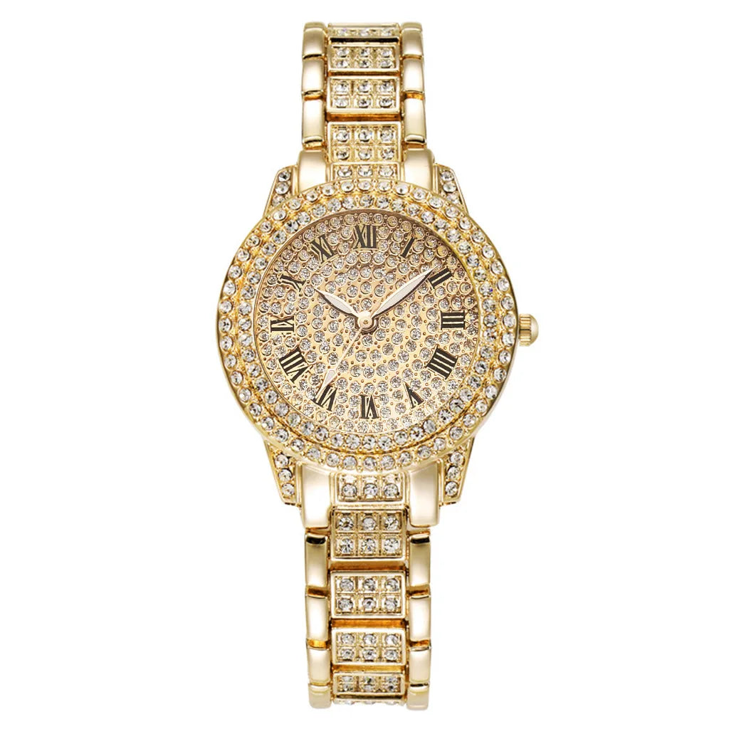 Mode Luxus Vollkristall 5-teiliges Set - Uhr Halskette Ohrringe Ring Set für Damen - Strass Armbanduhr Damen Armband Set Geschenk