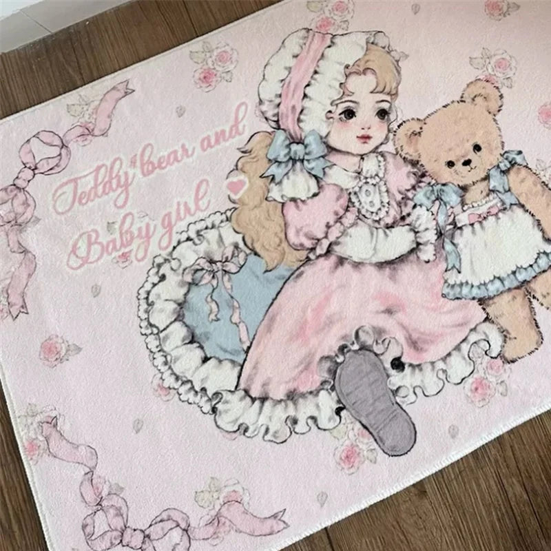 Soft Carpet Cartoon Bear Doll Carpets Round Rectangular Livingroom Rugs Kawaii Girl Lolita Retro Bedroom Bedside Cashmere Carpet