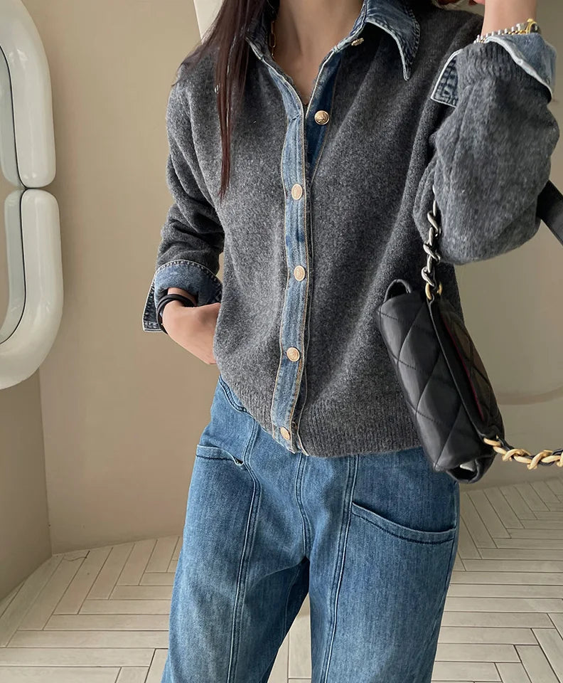 BigLargiCN Strickcardigan Herbst Denim Patchwork Damen Korean Stil - Gewicht 120–220 g/m² Länge Regular Lockere Passform