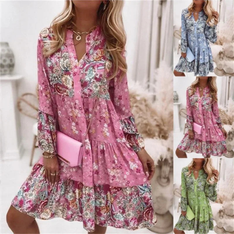 Rochii de seară elegante pentru femei, cu imprimeu floral, stil boho, cu guler în V, linie A, rochie de plajă, rochie de seară elegantă, rochie de seară pentru plajă