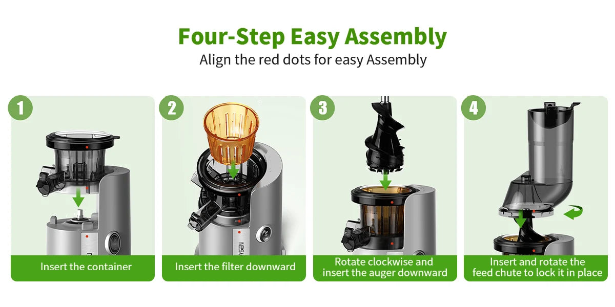 AIRMSEN Slow Cold Press Juicer, large diameter, filterless design, easy to clean, suitable for vegetables and fruits.