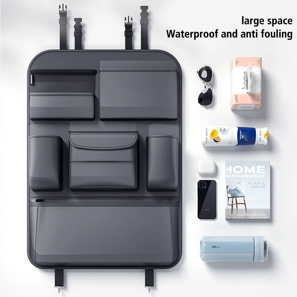 Suport pentru pahare anti-kick pad, geantă de depozitare pentru spătarul scaunului auto, organizator pentru bancheta din spate auto, modernizat cu 6 buzunare și cârlig, suport pentru șervețele