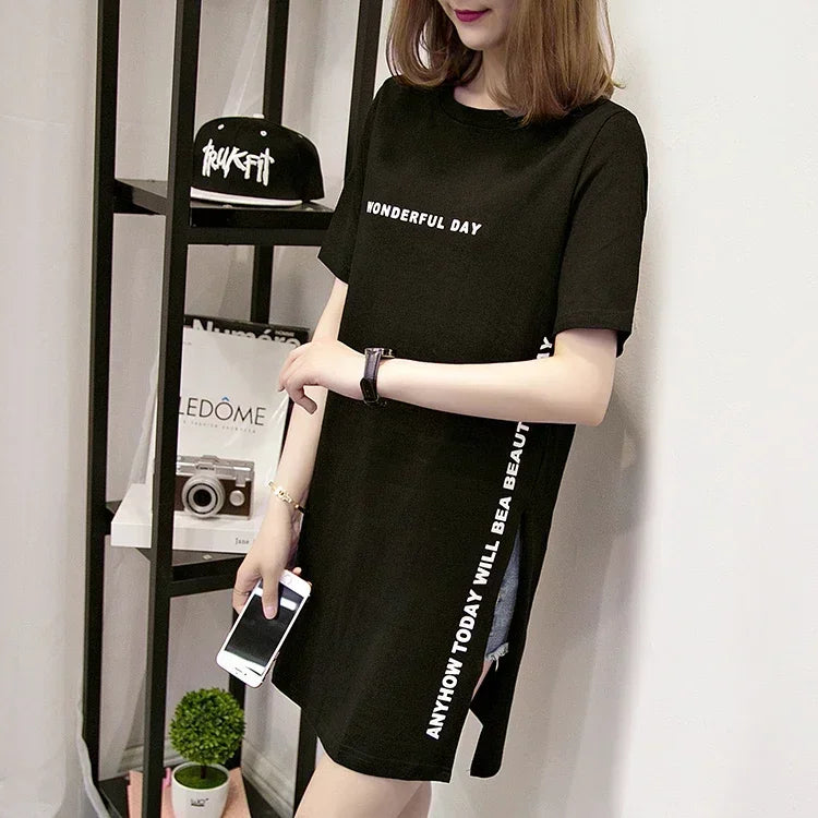 Women T-shirts Anime Y2k T Shirts Gothic tops 2023 Summer Loose Slit Femme Cotton T shirt Print Long Short Sleeve Ladies T-shirt