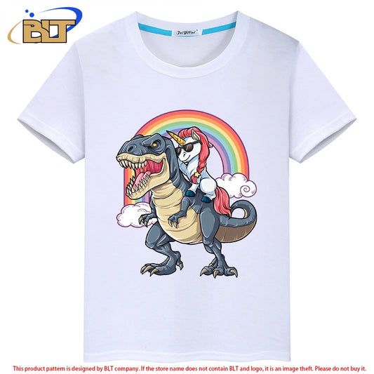 Kinder-T-Shirt 2025: Einhorn auf Dinosaurier - Premium Baumwoll-Mix