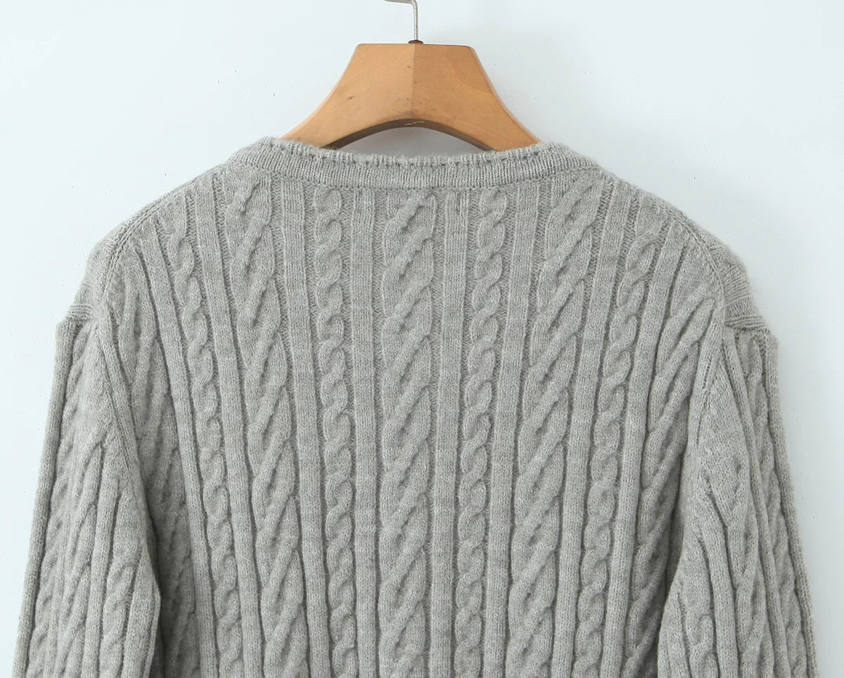 ZJOAN SHOWCN O-Neck Cardigan Set - Knopfverschluss Kurzrock Elastischer Bund Grau Khaki Größe Regular Extra-Heavy