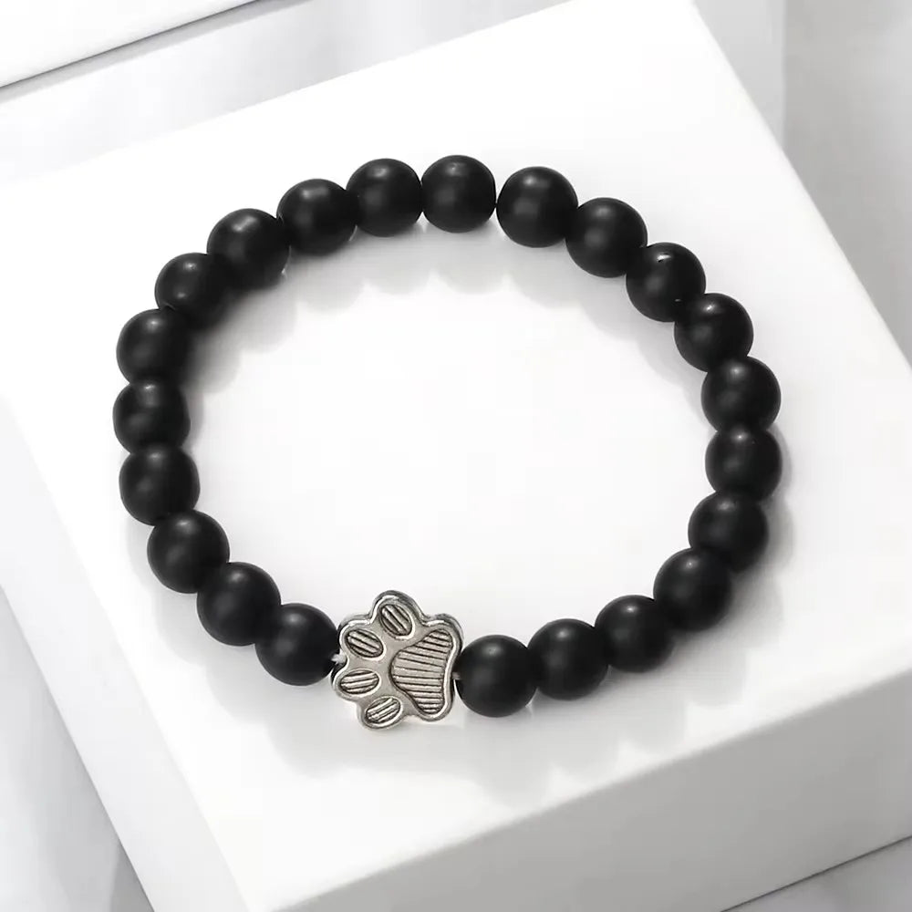 Natürlich Matt Schwarz Lava Vulkanstein: Reliatonny Pfoten Druck Armband Homme Femme - Haustier Gedenkstätte Katze Hund Liebhaber Schmuck Unisex Strand