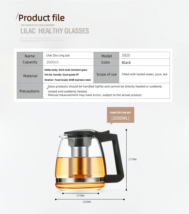 Lilac 2000ml Filterable Heat-resistant Thickened Glass Teapot 2025 New High Quality Glass Chinese Tea Pot Heatable Glass Tea Set