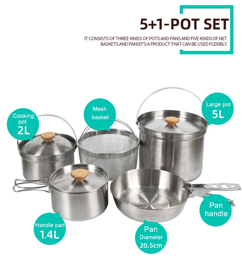 NOBANA Newest Outdoor Stainless Steel Pot Set Camping Family Pot Set 5L Portable Picnic Soup Pot Frying Steaming Household Pot