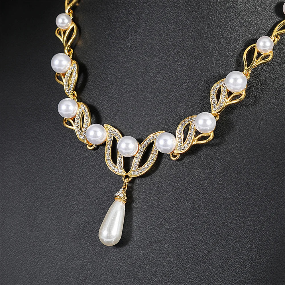 Elegant Women Jewelry Necklace Earring Set Leaf-Shaped Long Teardrop Pearl Crystal Pendant Wedding Party Jewelry Accessories