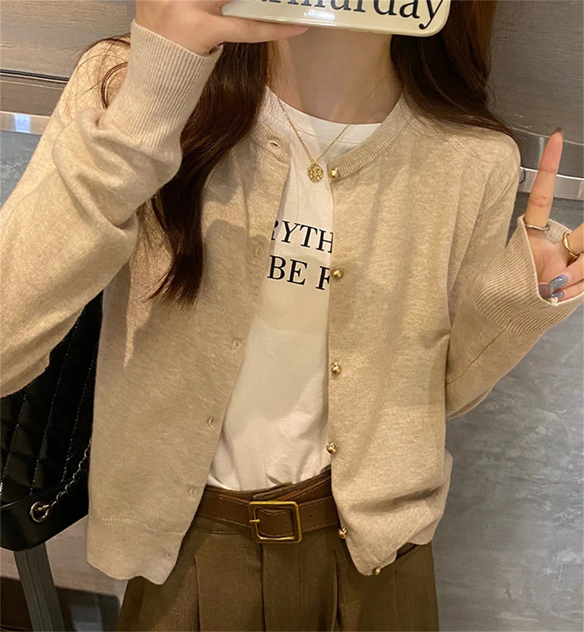 SDFBKCN Cardigan O-Kragen Strick Mit Knopfverschluss - Größe M Bis XL, Material Polyester, Länge Regular