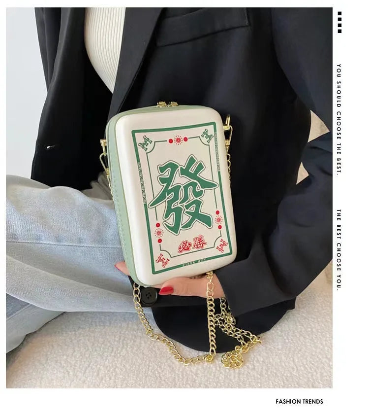 Chinese Mahjong Crossbody Bag for Women, Creative, Interesting, Printing, Chain, Shoulder Bag, PU Leather, Messenger Bag Fashion