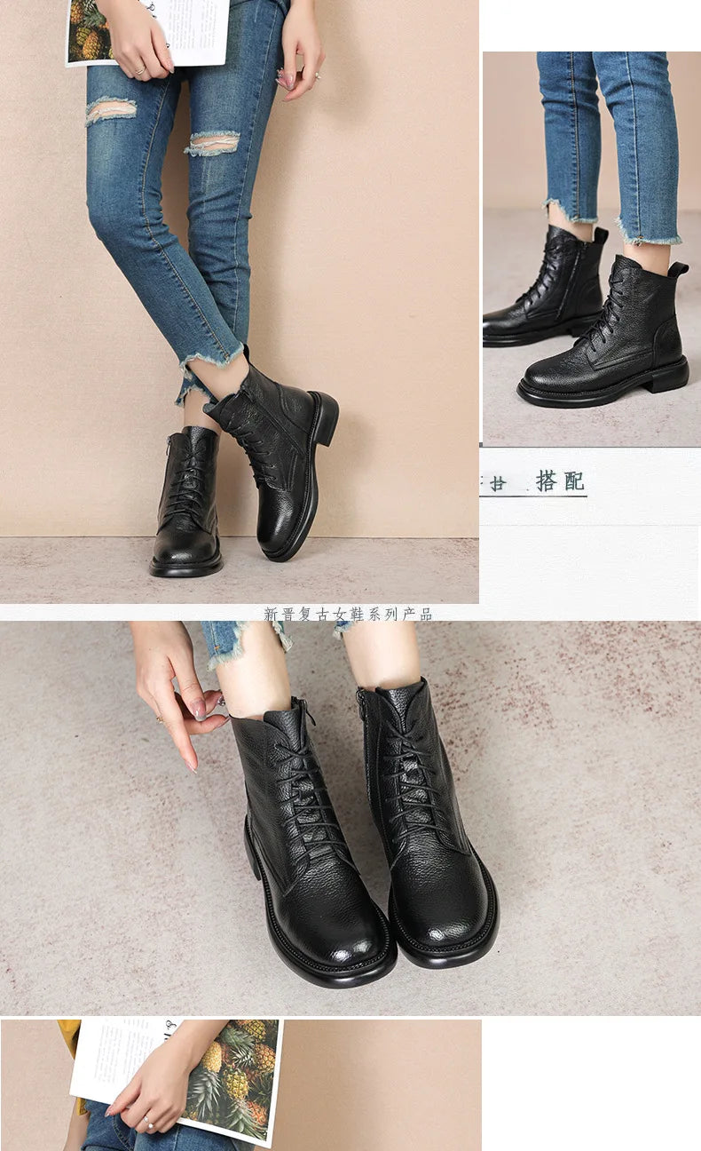 Frühling Dame Knöchel Stiefel 2025 - Echtes Kuh Leder Platform Schuhe - Frauen Winter Jugend Mädchen Weiche Sohle Dicke Absatz Ritter Schnee Stiefel