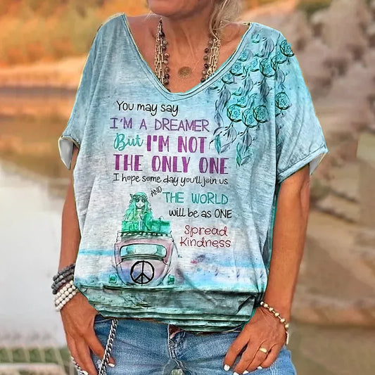 Women's T Shirt Vintage Letter Print Short Sleeve Daily Weekend Basic Girls V Neck Tshirt Female Clothing Oversized Summer Tops