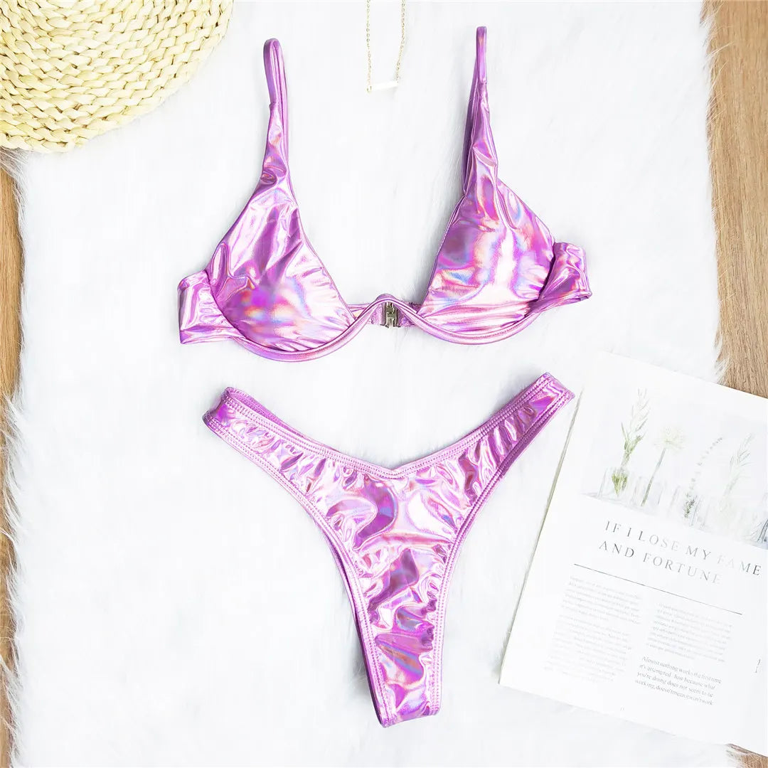 Bikini cu armătură în V, talie joasă, două piese, poliester, spandex, cu armătură, talie subțire, model S-XL