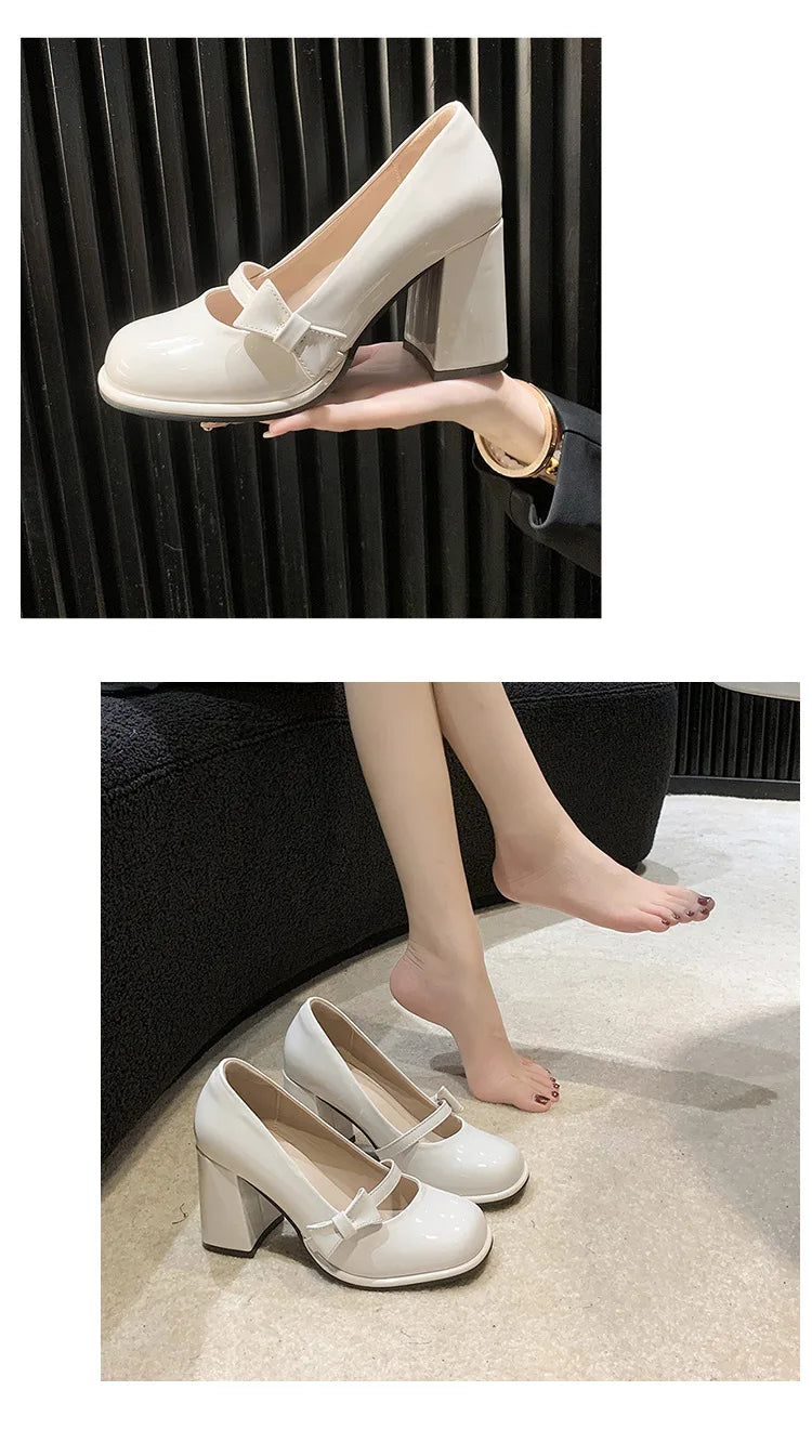 Elegant Heel Shoes Ladies 8cm High Heel Bowknot Solid Mary Jane Zapatos Adult Dress Pink White Black Cosplay Footwear